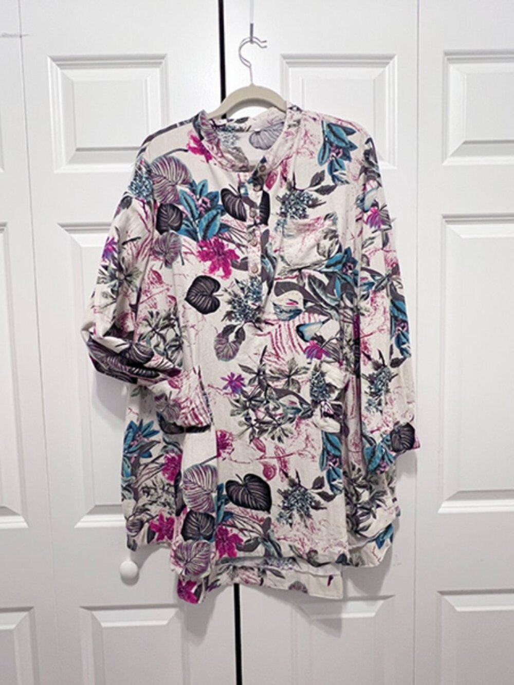 Linen Blend, Long Sleeve, White Tunic with a Tropical Foliage Print | OS fits 3X